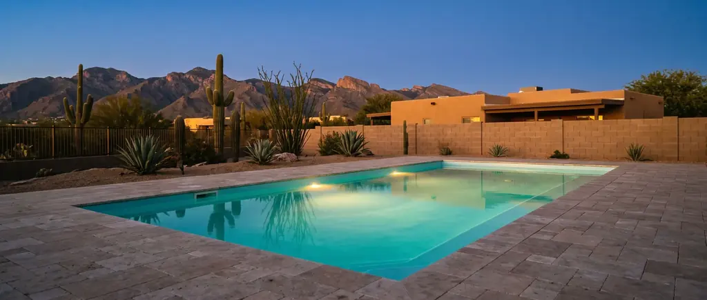 Finished fiberglass pool in a Tucson back yard at dusk