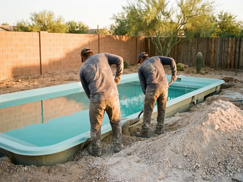 Pool crew backfilling around a newly set fiberglass shell