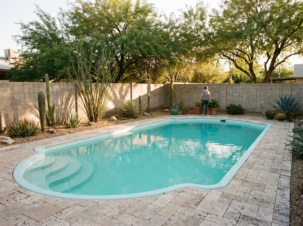 Established Casas Adobes yard with mature mesquite trees around a pool