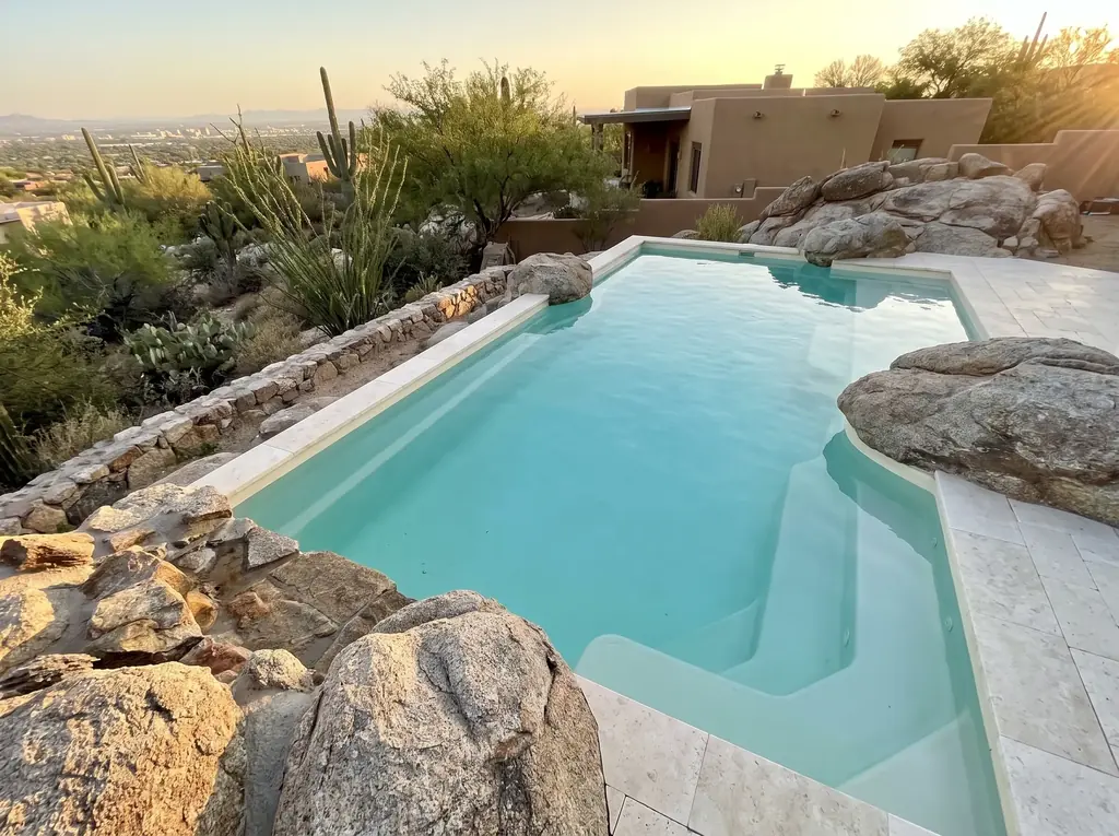 Hillside Catalina Foothills home with a pool set into rocky ground
