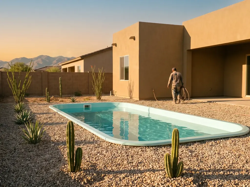 New Marana home with a fresh back yard pool and young desert landscaping