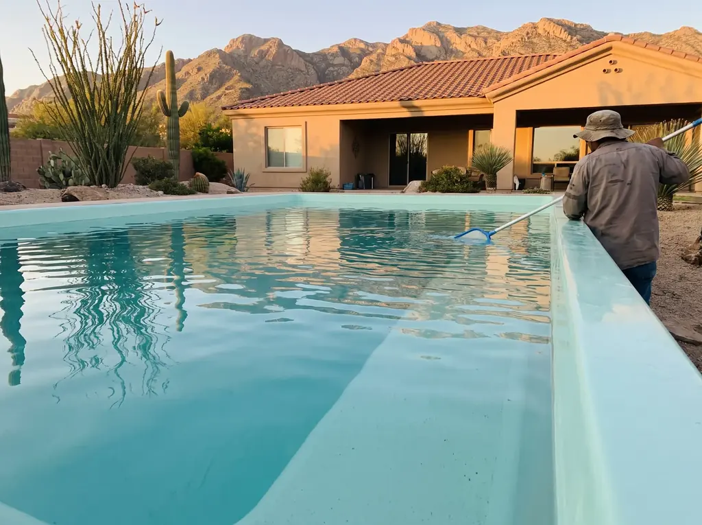 Oro Valley home with a fiberglass pool and Pusch Ridge behind