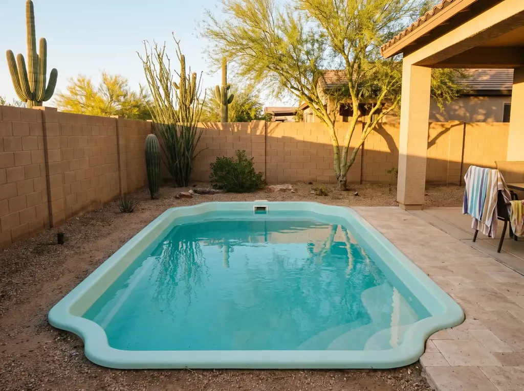 Rita Ranch back yard with a compact fiberglass pool on flat ground