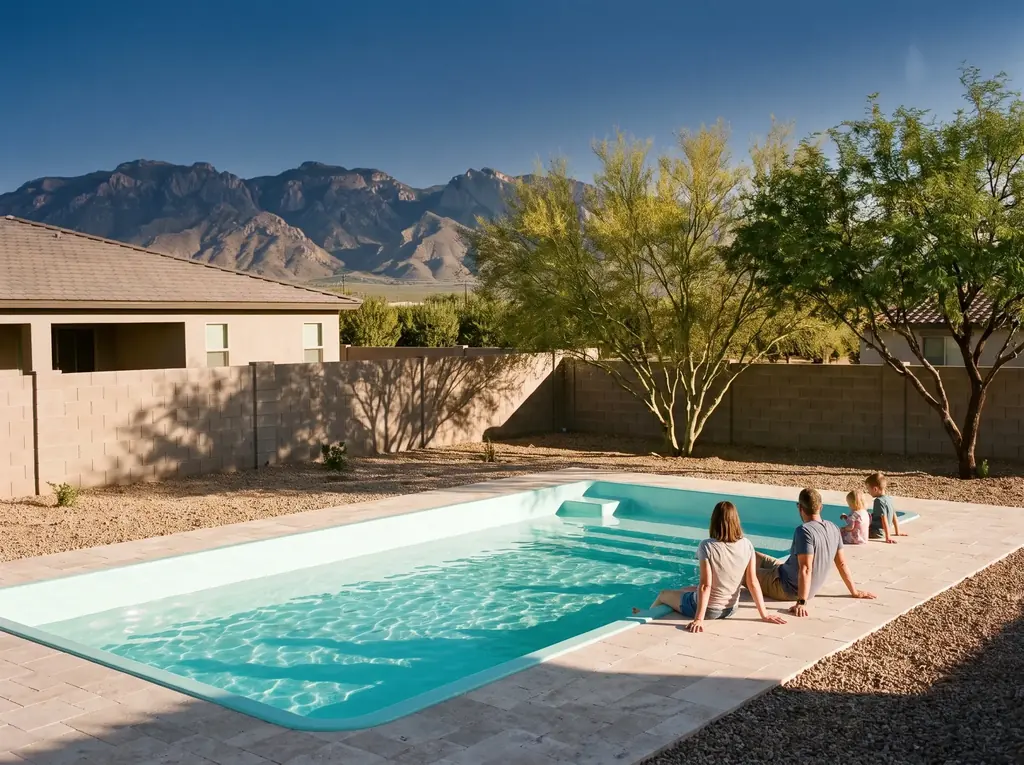 Sahuarita back yard with a family pool and pecan orchards in the distance