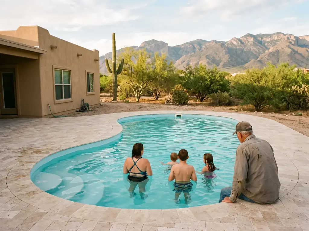 Tanque Verde acreage with a pool and the Rincon Mountains behind