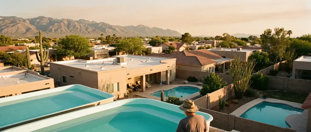 View across Tucson rooftops and back yard pools toward the Santa Catalina Mountains
