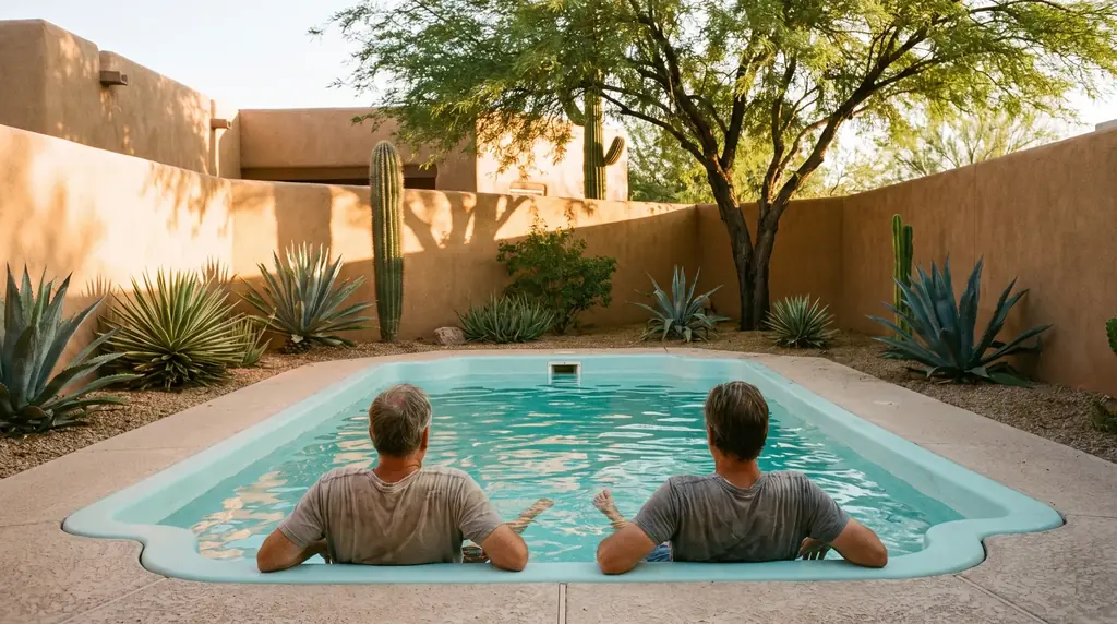 Couple sitting on the bench of a small fiberglass plunge pool