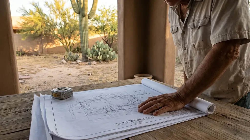 Homeowner reviewing pool plans at a table beside a Tucson back yard