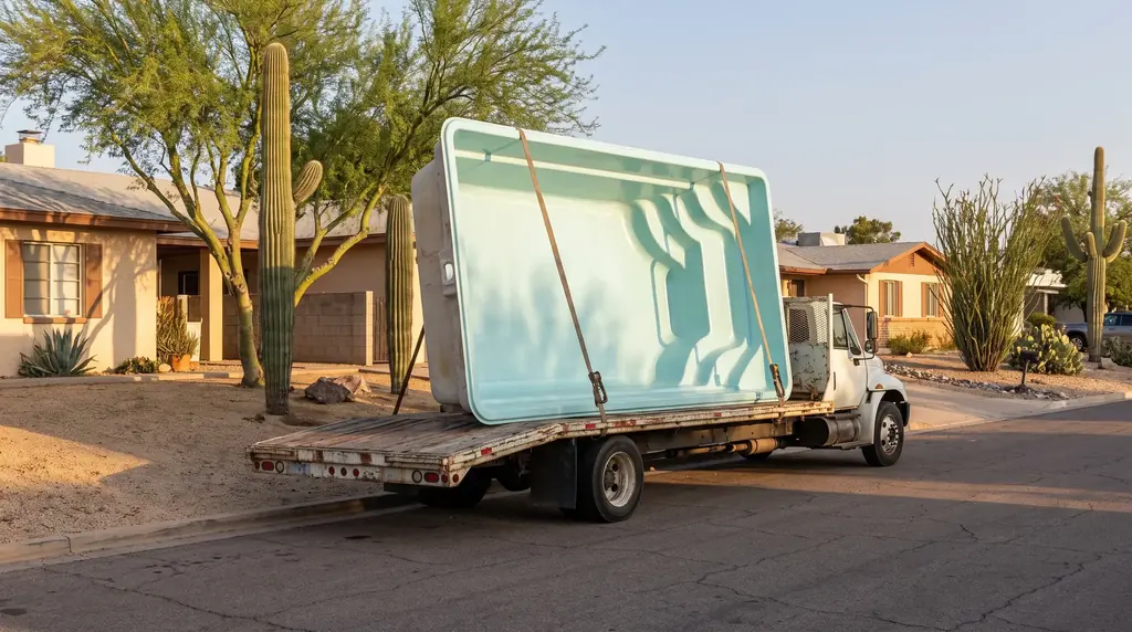 Fiberglass pool shell on a delivery trailer outside a Tucson home