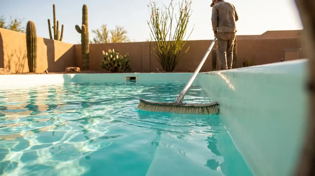 Soft brush cleaning the gelcoat wall of a fiberglass pool
