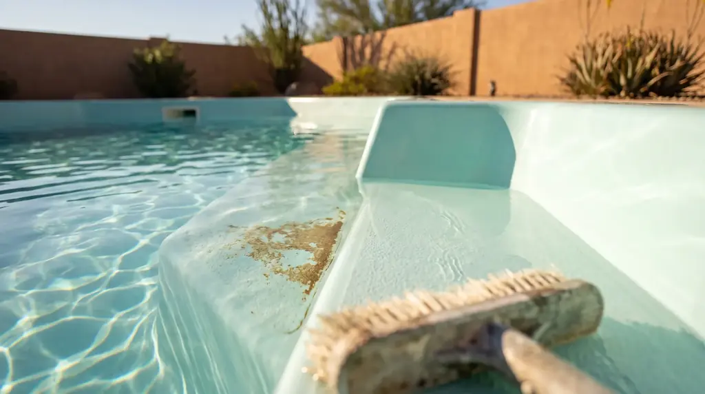Brown metal stain on a fiberglass pool step beside clean gelcoat