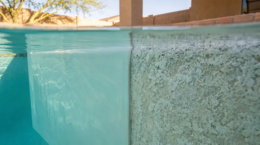 Smooth fiberglass pool surface beside rough pool plaster, side by side