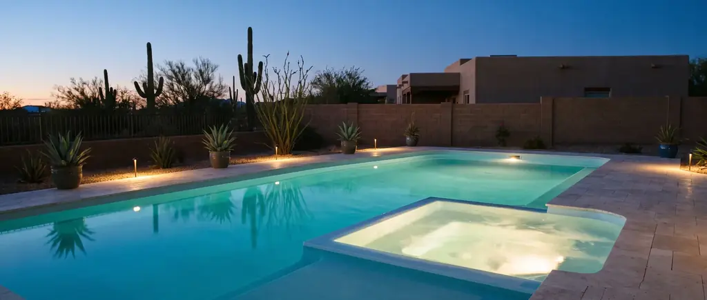 Fiberglass pool at dusk with a lit spa and desert plants around the deck