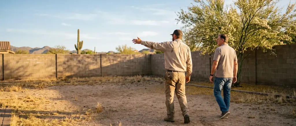 Pool technician walking a Tucson back yard with a homeowner during an estimate