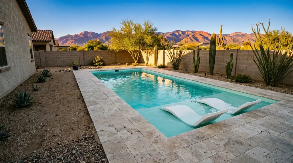 Fiberglass pool with a tanning ledge in a Tucson back yard at golden hour, Santa Catalina Mountains behind