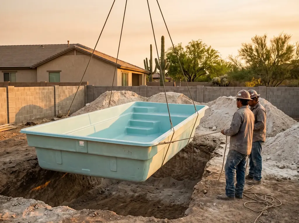Crane lowering a one-piece fiberglass pool shell into an excavated Tucson back yard