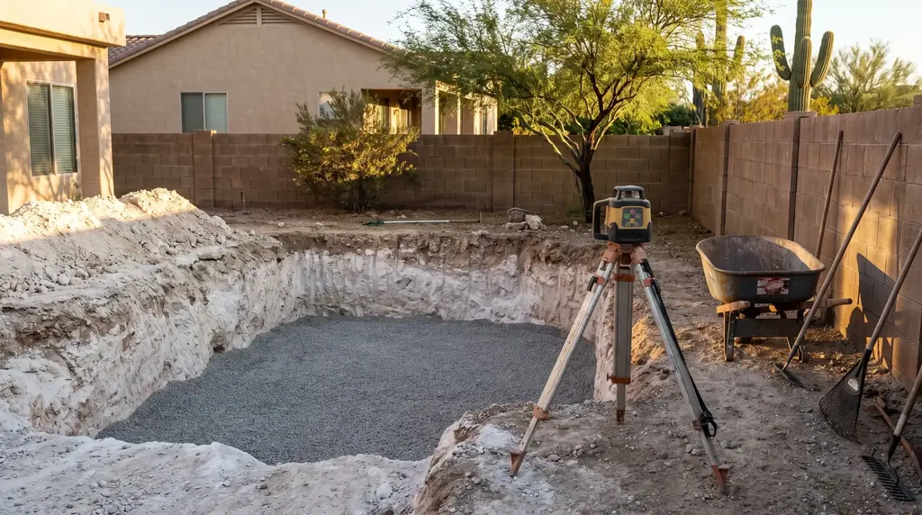 Freshly excavated pool hole with a leveled gravel base, ready for a fiberglass shell