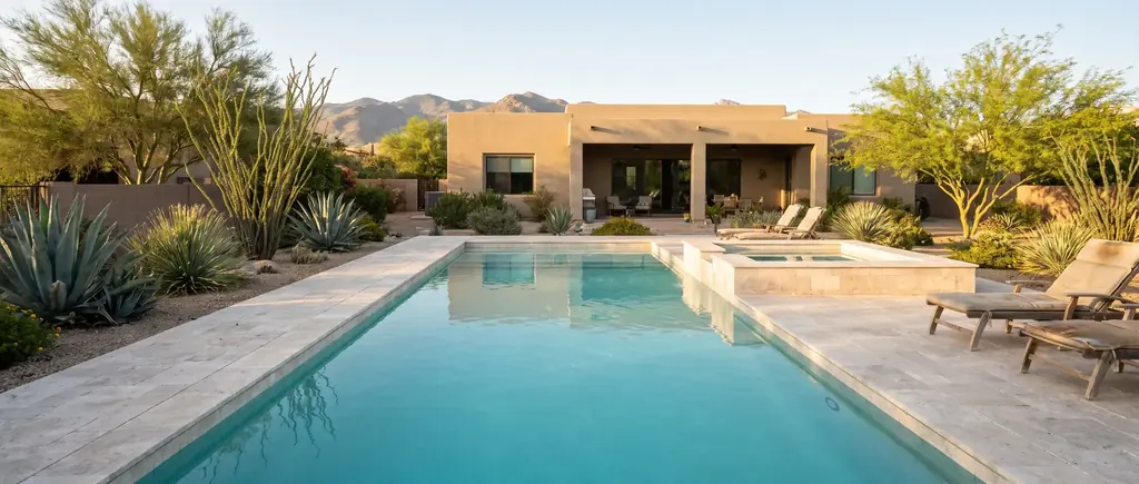 Modern rectangular fiberglass pool with an attached spa behind a stucco home in Tucson