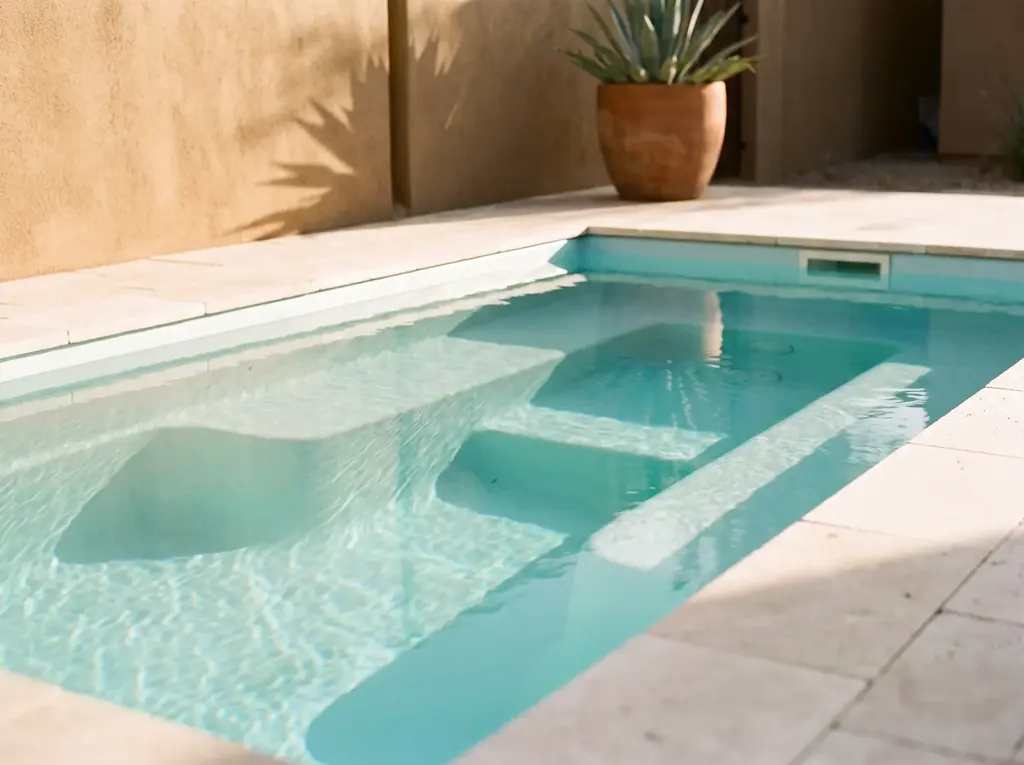 Molded bench seat inside a small fiberglass plunge pool
