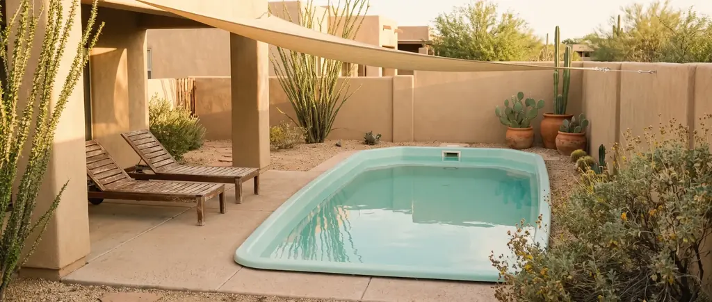 Fiberglass plunge pool beside a shaded patio at a Tucson patio home