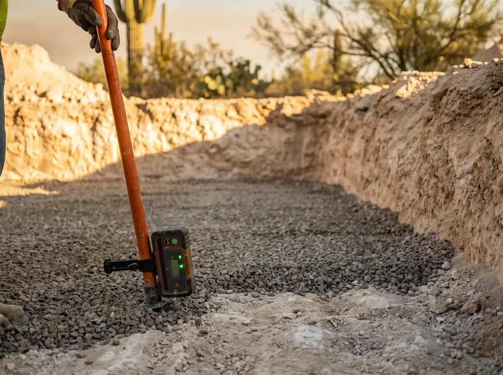 Laser level checking the gravel base before a fiberglass shell is set