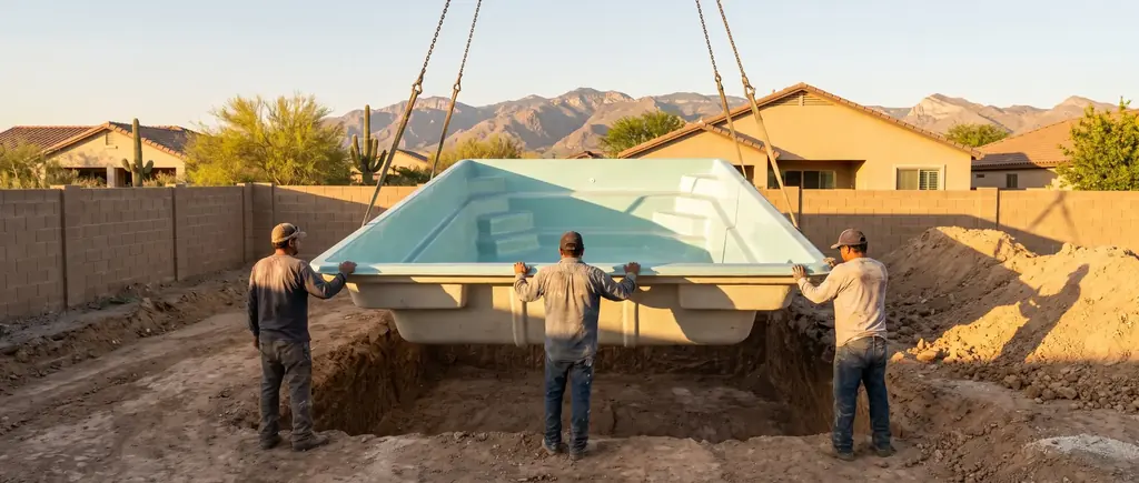 Crew guiding a fiberglass pool shell into place in a Tucson back yard