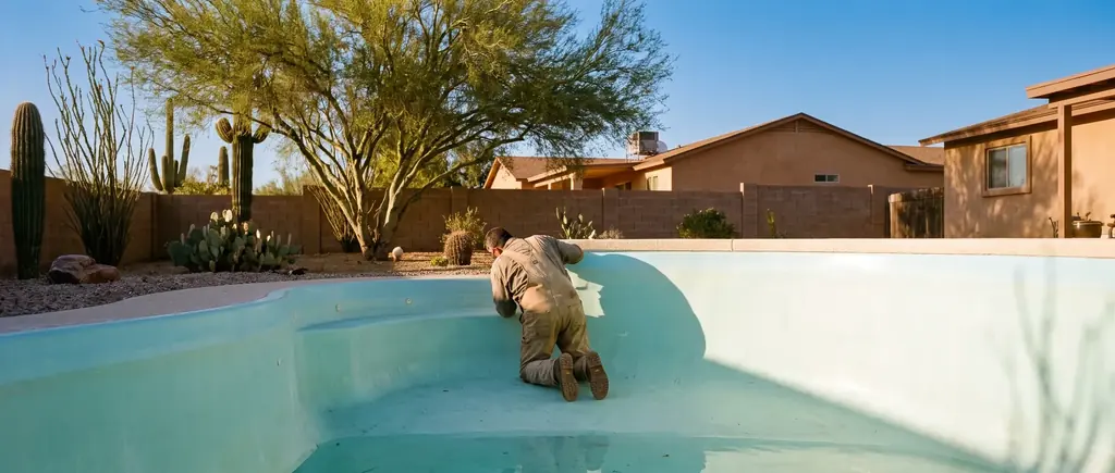Technician inspecting the gelcoat inside a partly drained fiberglass pool