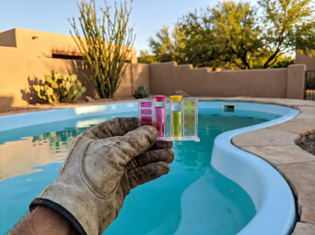 Water test kit vials held over a fiberglass pool