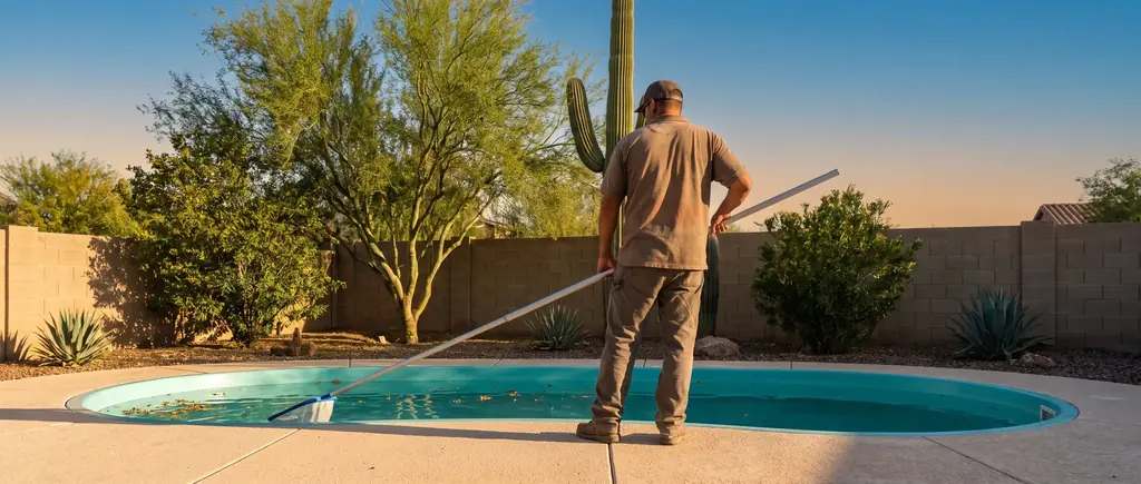 Pool technician skimming a fiberglass pool in a desert back yard