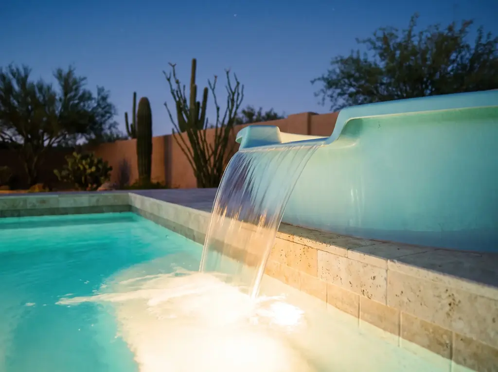 Water spilling from a fiberglass spa into the pool below