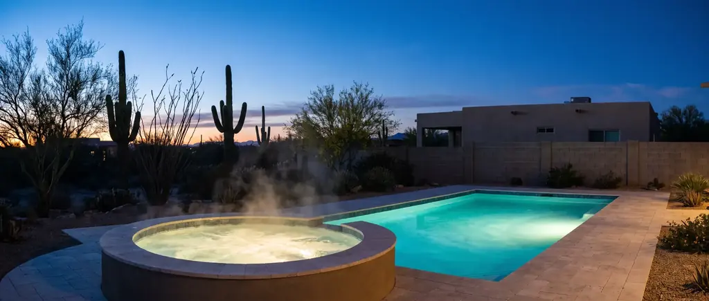 Steaming fiberglass spa beside a pool on a cool desert evening