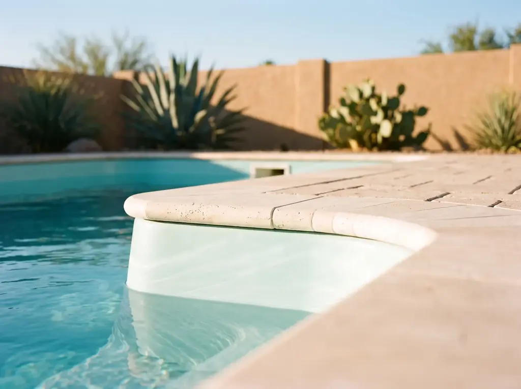 Close view of rounded coping where the deck meets the fiberglass shell