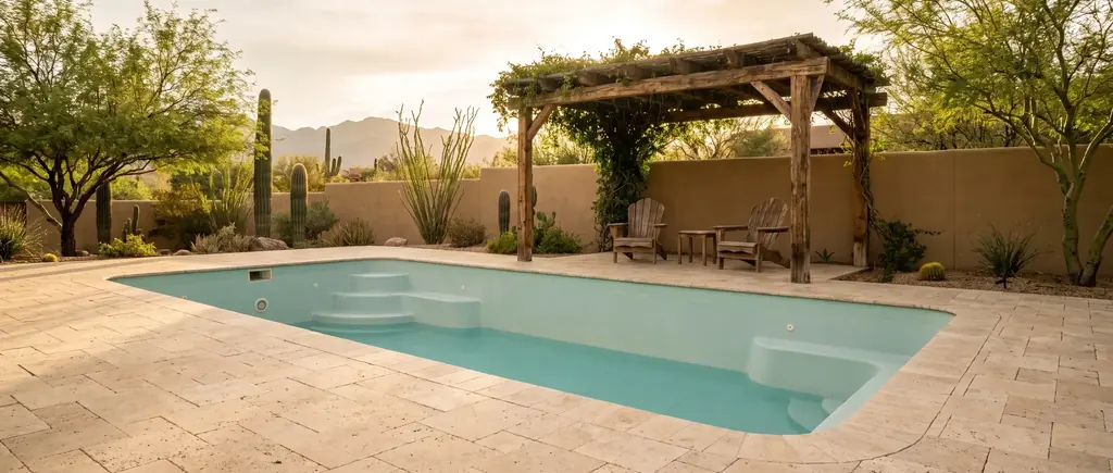 Wide travertine pool deck around a fiberglass pool with a ramada for shade