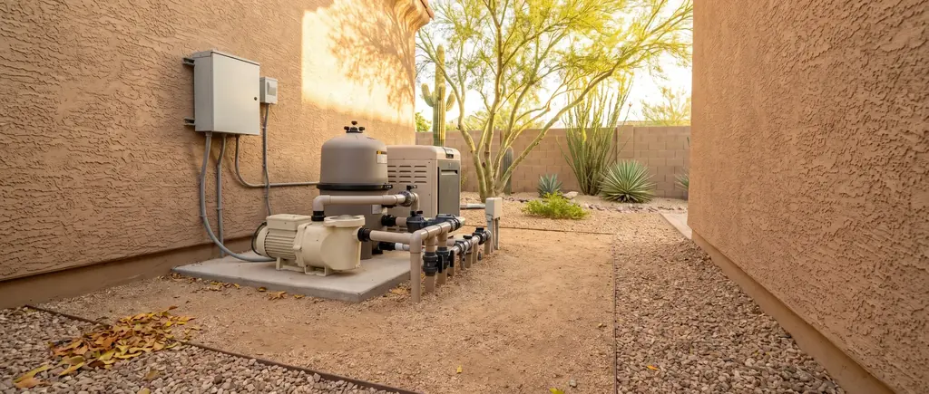 Clean pool equipment pad beside a stucco wall in a Tucson side yard