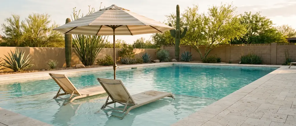Tanning ledge with lounge chairs and an umbrella in a fiberglass pool