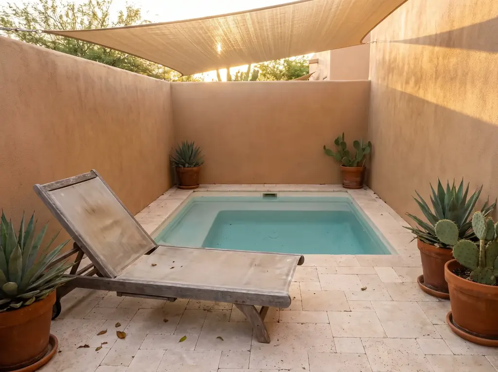 Small fiberglass plunge pool in a walled Tucson courtyard