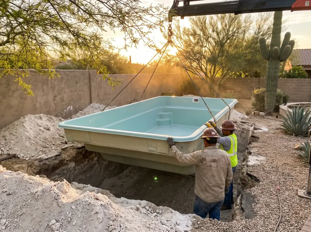 Fiberglass pool shell being set by crane into a prepared hole
