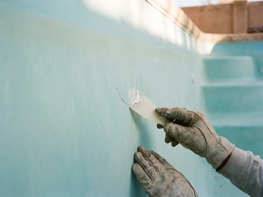 Technician repairing a small crack in fiberglass pool gelcoat
