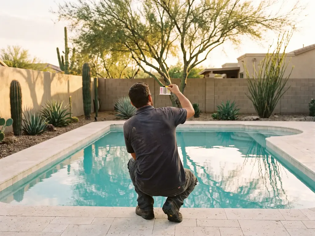 Technician testing water at the edge of a fiberglass pool