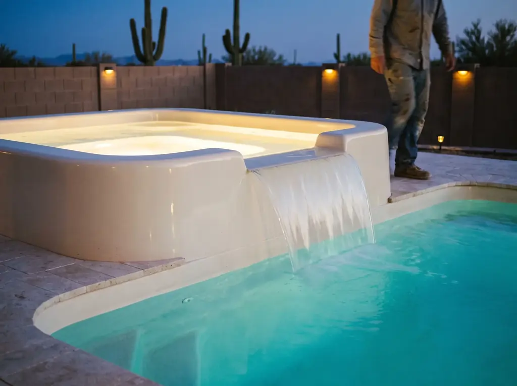 Fiberglass spa spilling over into a fiberglass pool at dusk