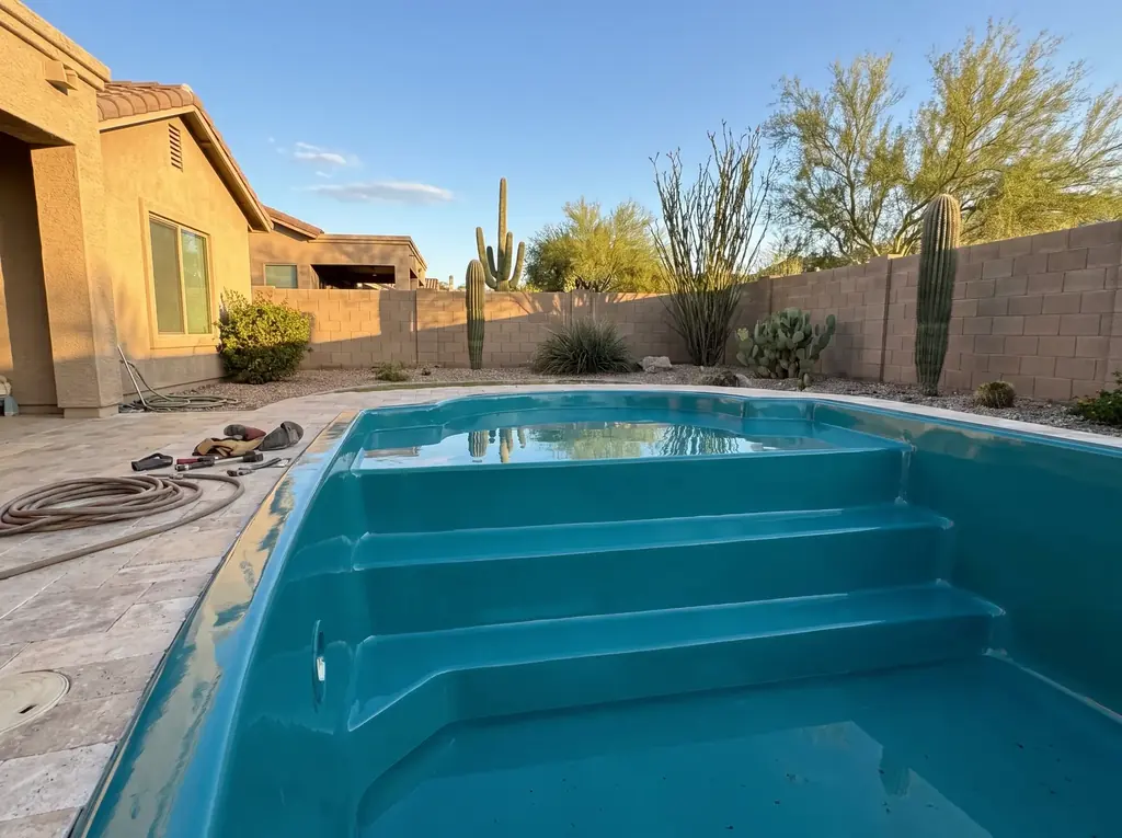 Restored glossy gelcoat on the steps of an older fiberglass pool