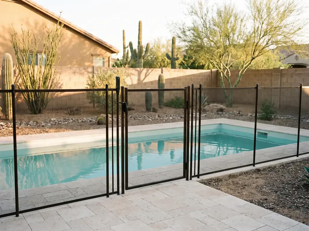 Pool barrier fence with a self closing gate around a desert back yard pool