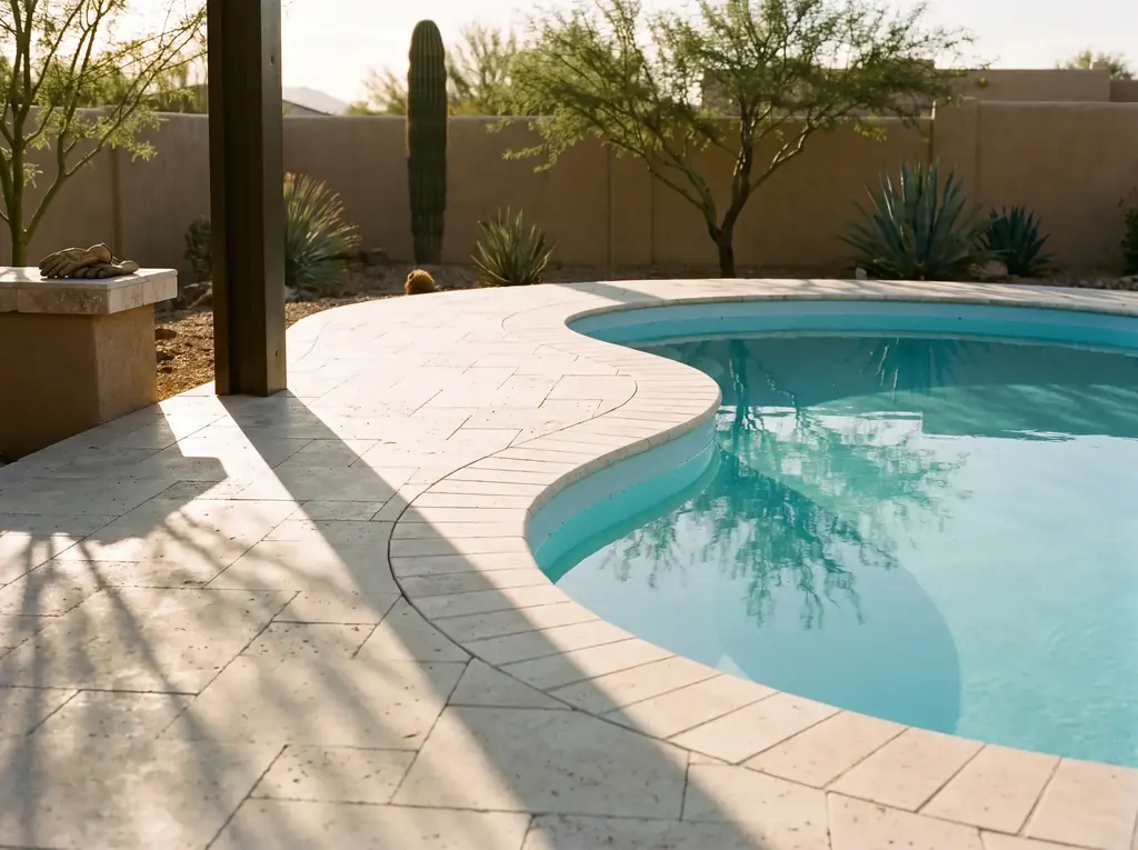 Light travertine deck and coping around a fiberglass pool