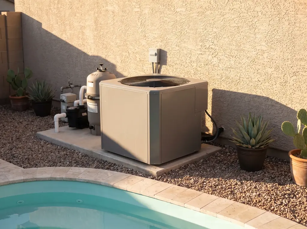 Pool heat pump installed beside a fiberglass pool equipment pad