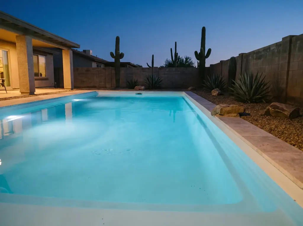 Fiberglass pool lit with color LED lights at twilight