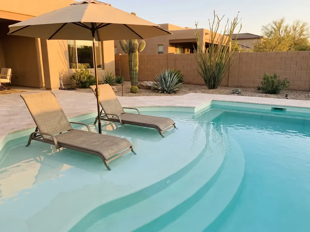 Lounge chairs on the tanning ledge of a fiberglass pool