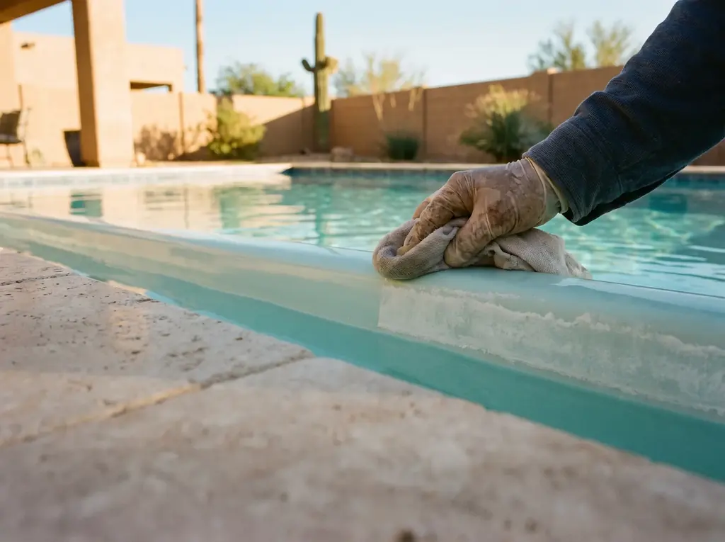Hand wiping white calcium residue off fiberglass pool gelcoat at the waterline