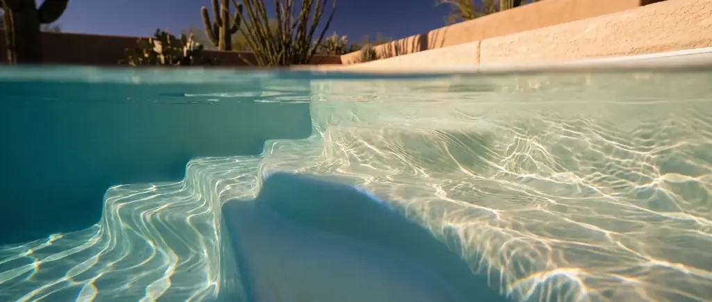 Smooth gelcoat steps of a fiberglass pool under clear water with sunlight patterns